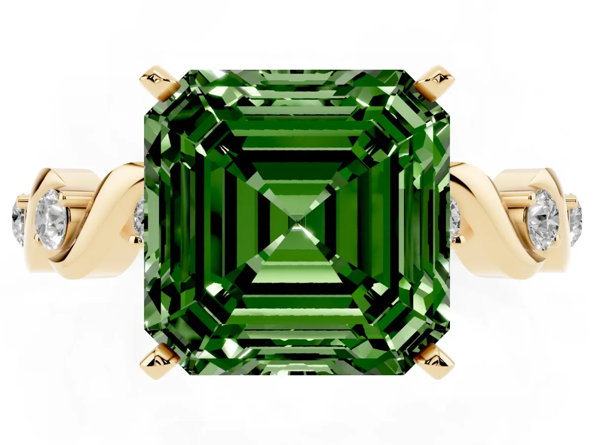Fancy Green Asscher Cut Diamond Solitaire Twisted Band with Round Accents and Prong Setting Yellow gold