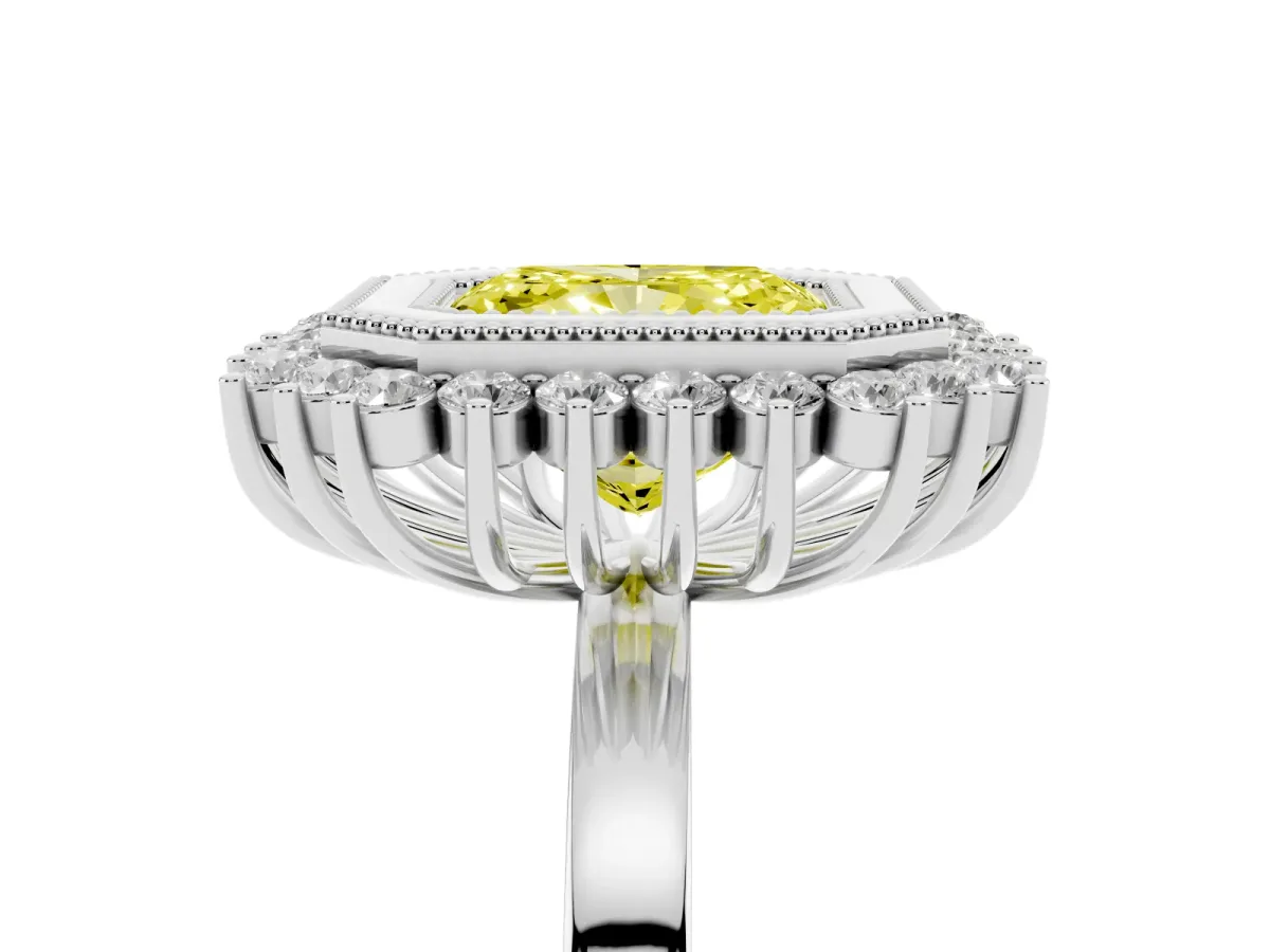Fancy Yellow Radiant Cut Halo Diamond Ring with Milgrain Edge and Round Prong Setting Silver
