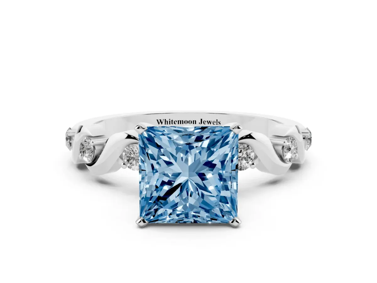 Fancy Blue Princess Cut Diamond Solitaire Twisted Band with Round Accents and Prong Setting White gold