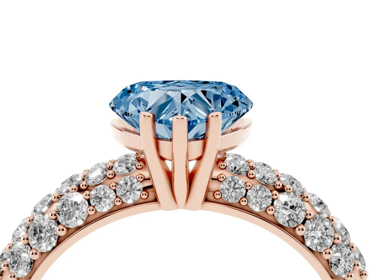 Fancy Blue Heart Cut Diamond Pavé Band Solitaire Ring with Four-Prong Setting Rose gold