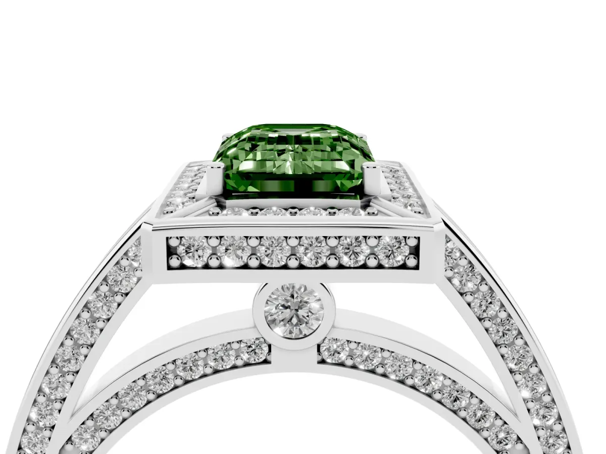 Fancy Green Emerald Cut Cut Halo Pave Split Shank Prong Setting Ring Silver
