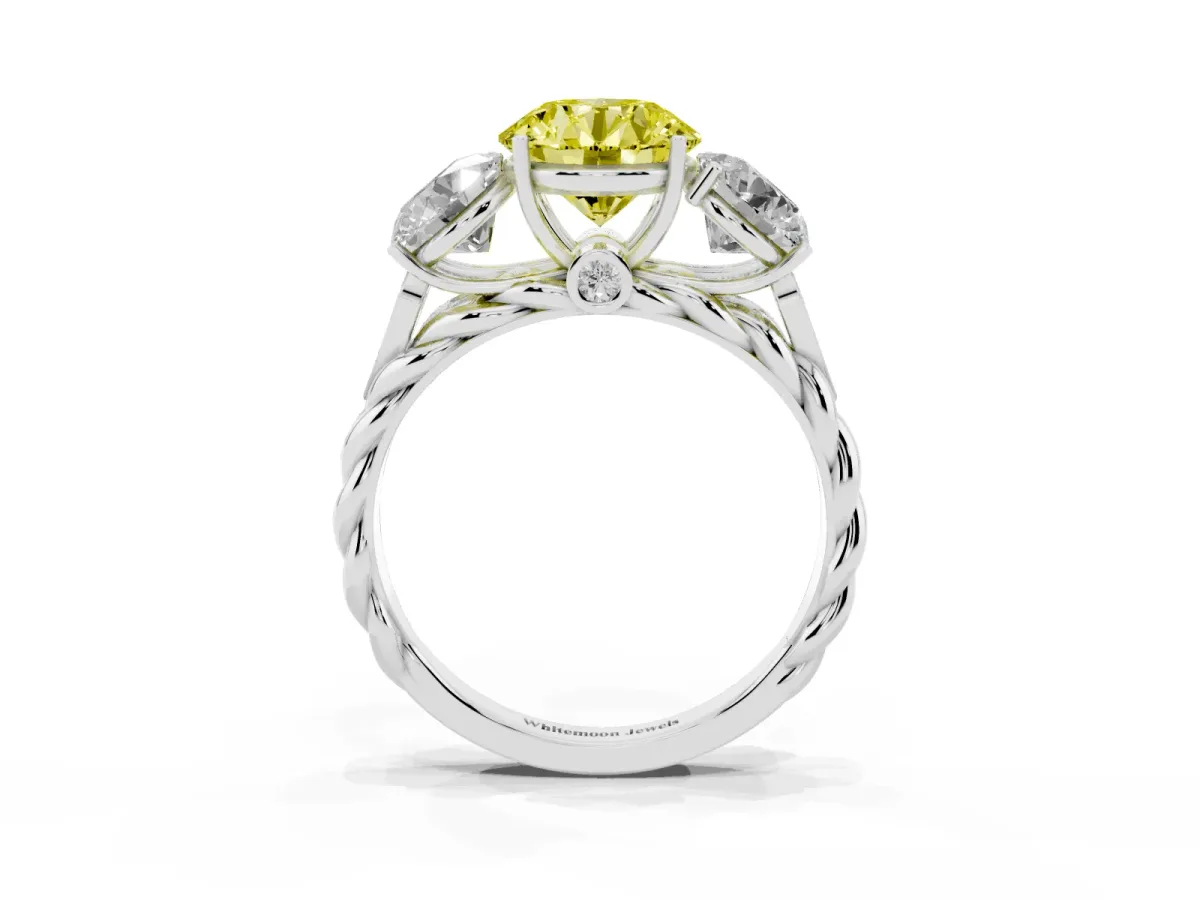 Fancy Yellow Three-Stone Round Cut Diamond Braided Band Ring with Four-Prong Setting Platinum