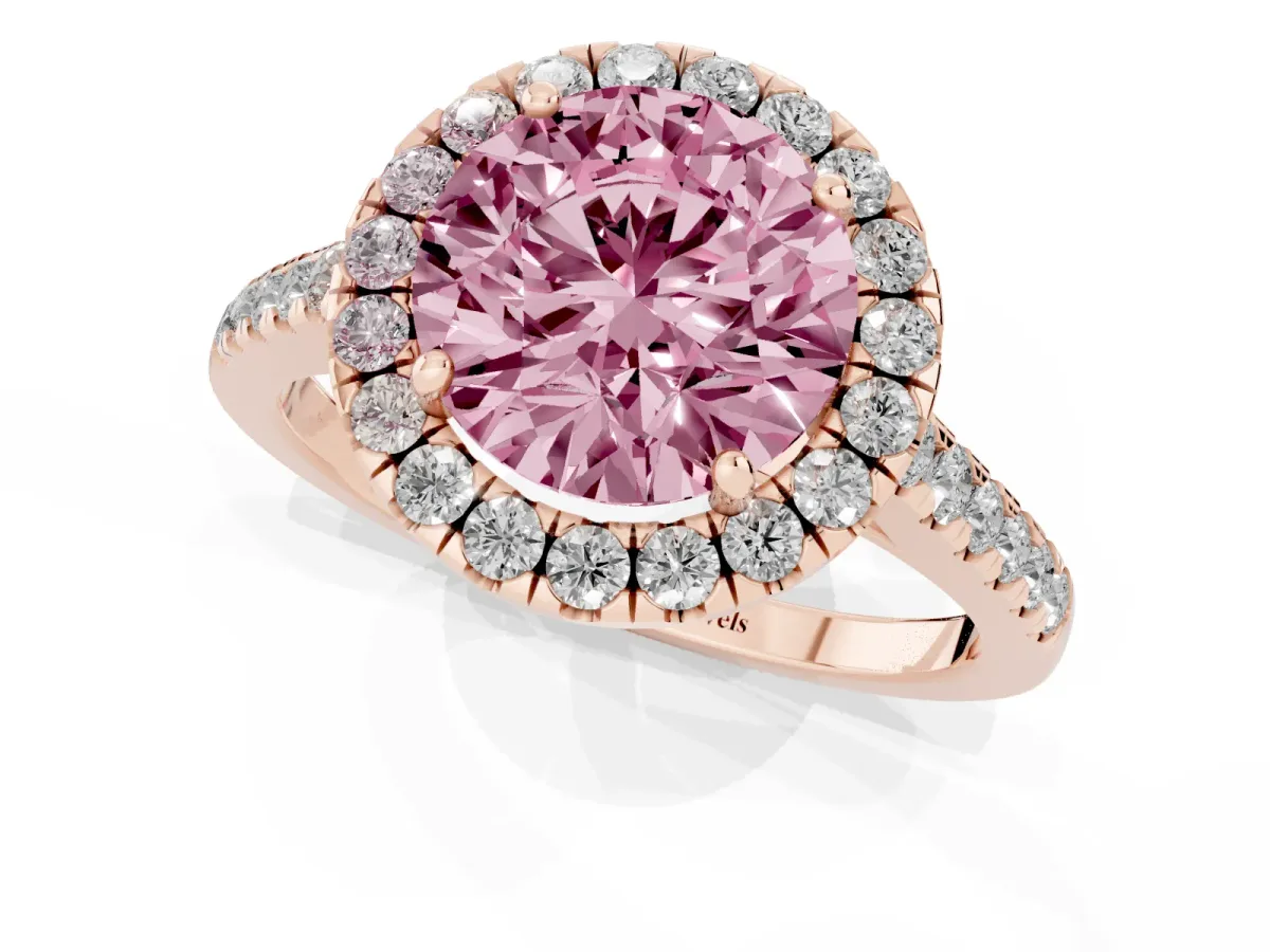 Fancy Pink Round Cut Halo Pave Diamond Engagement Ring with Four-Prong Setting Rose gold