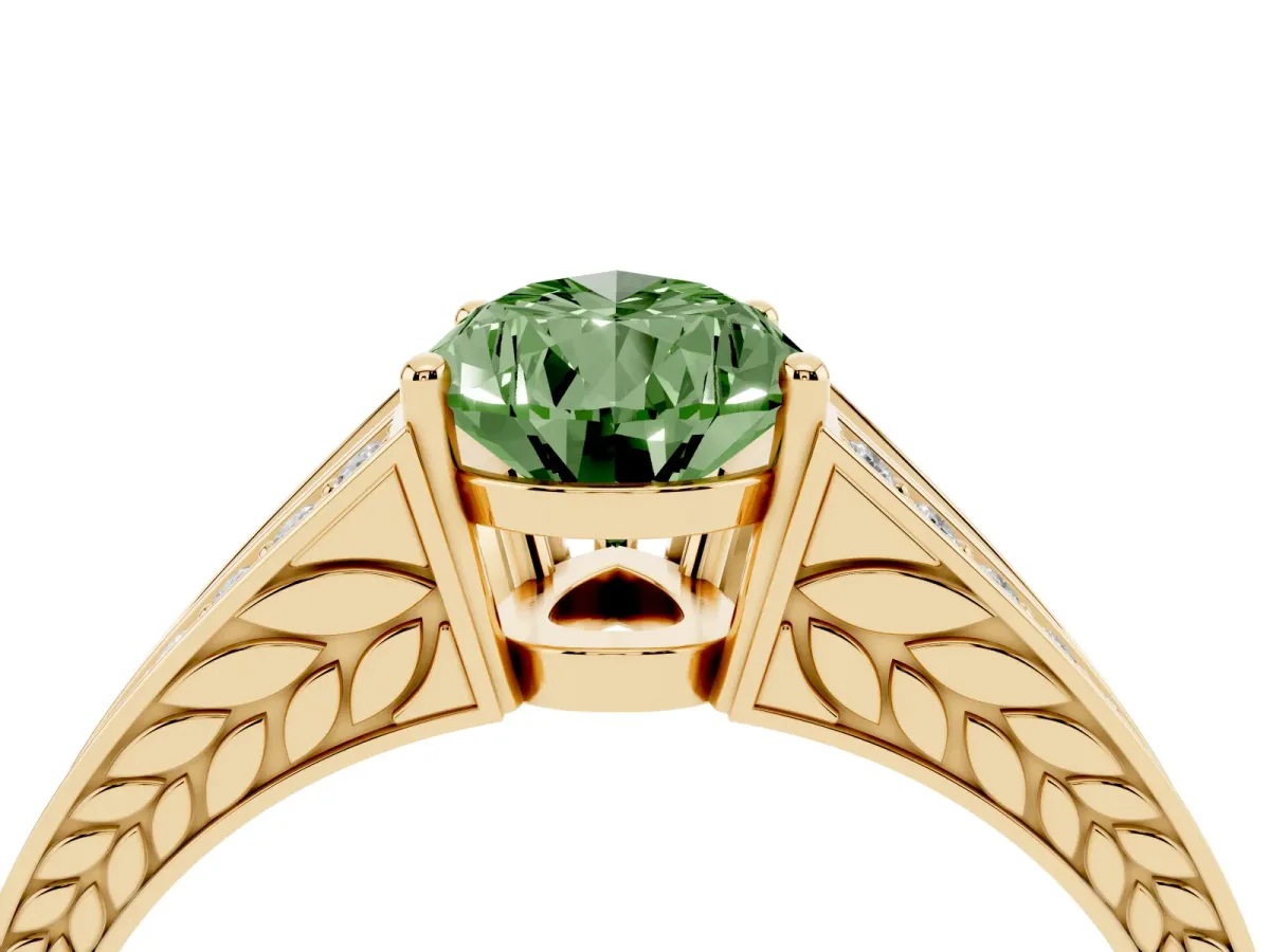 Fancy Green Pear Cut Diamond Split Shank Ring with Pavé Band and Four-Prong Setting Yellow gold