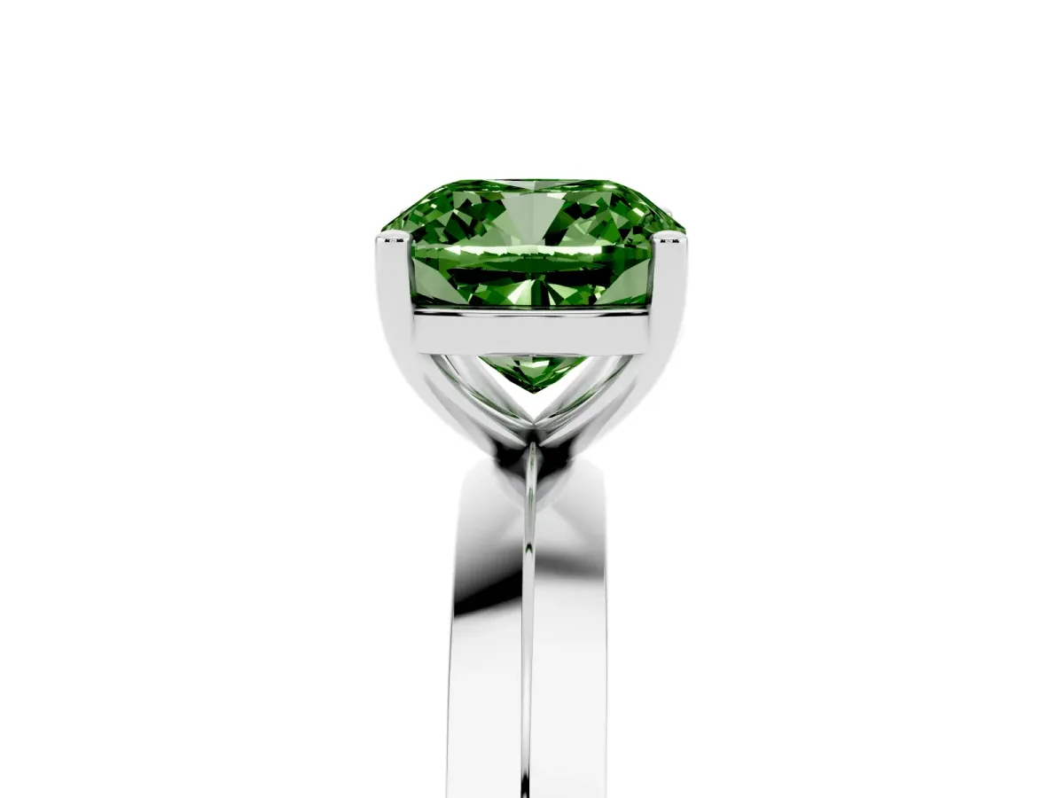 Fancy Green Cushion Cut Cut Solitaire Engagement Ring with Flat Band and Four-Prong Setting Silver