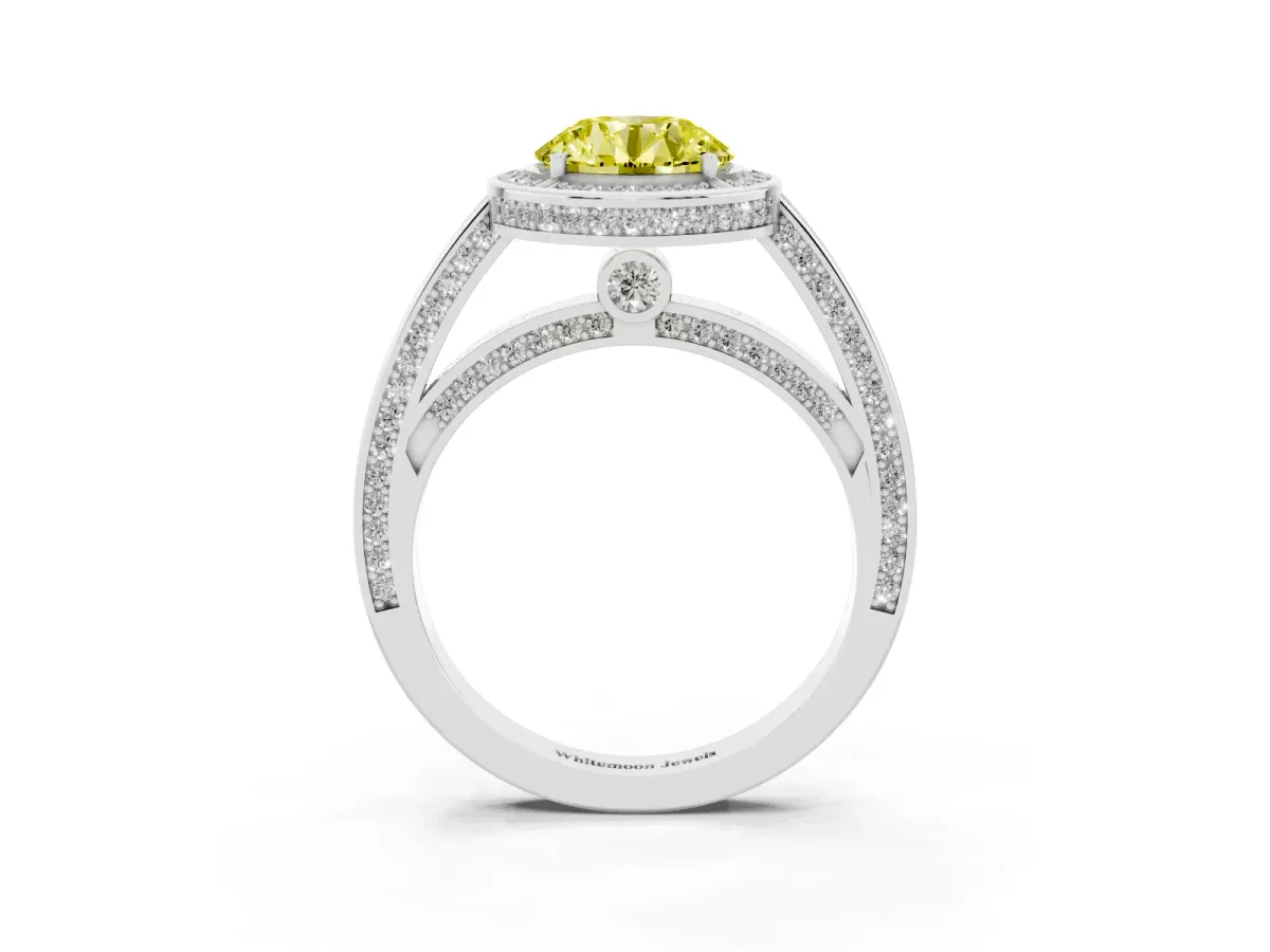 Fancy Yellow Round Cut Cut Halo Pave Split Shank Prong Setting Ring Platinum