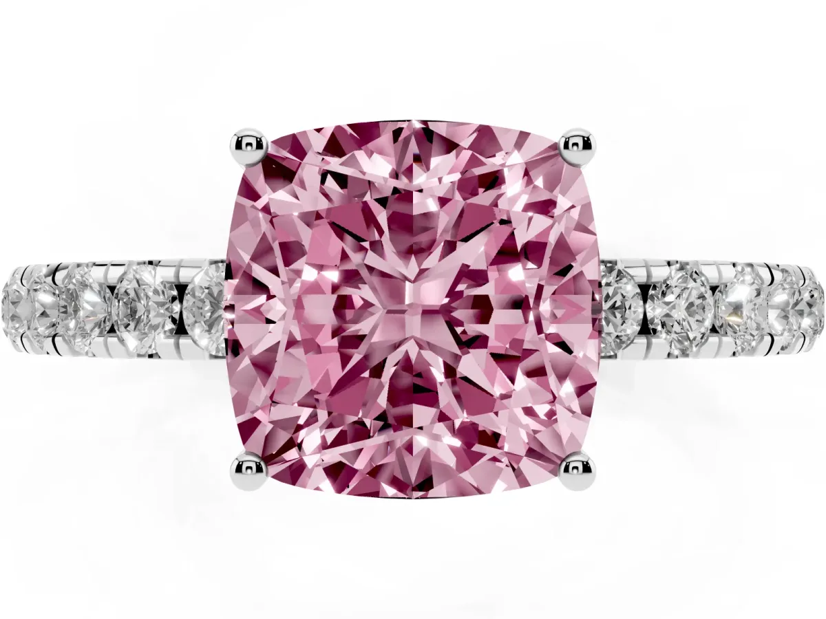 Fancy Pink Cushion Cut Diamond Pavé Solitaire Engagement Ring with Four-Prong Setting Silver