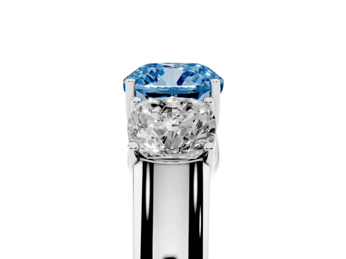Fancy Blue Three-Stone Cushion Cut Cut Diamond Ring with Prong Setting and Classic Band Silver