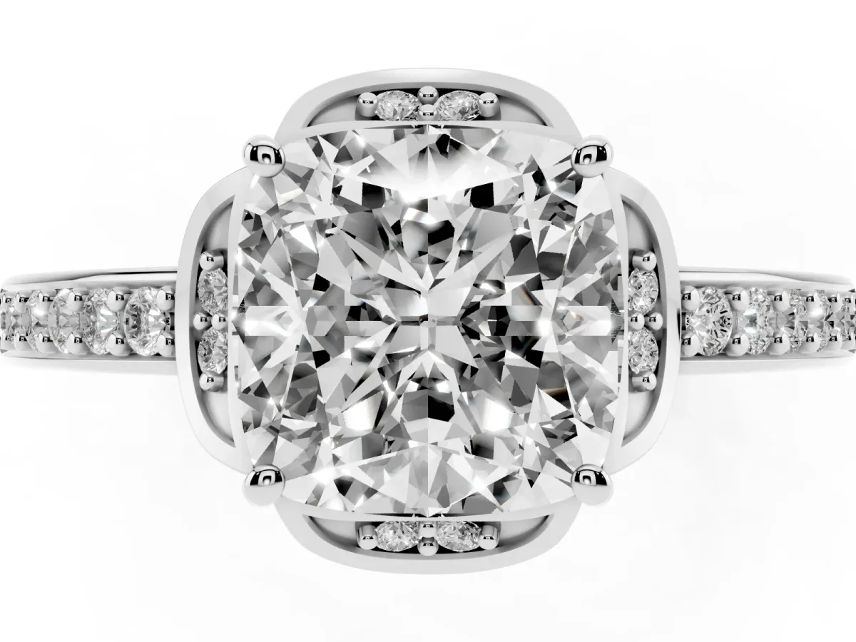 Cushion Cut Cut Halo Diamond Ring with Channel Set Band and Four-Prong Setting Platinum