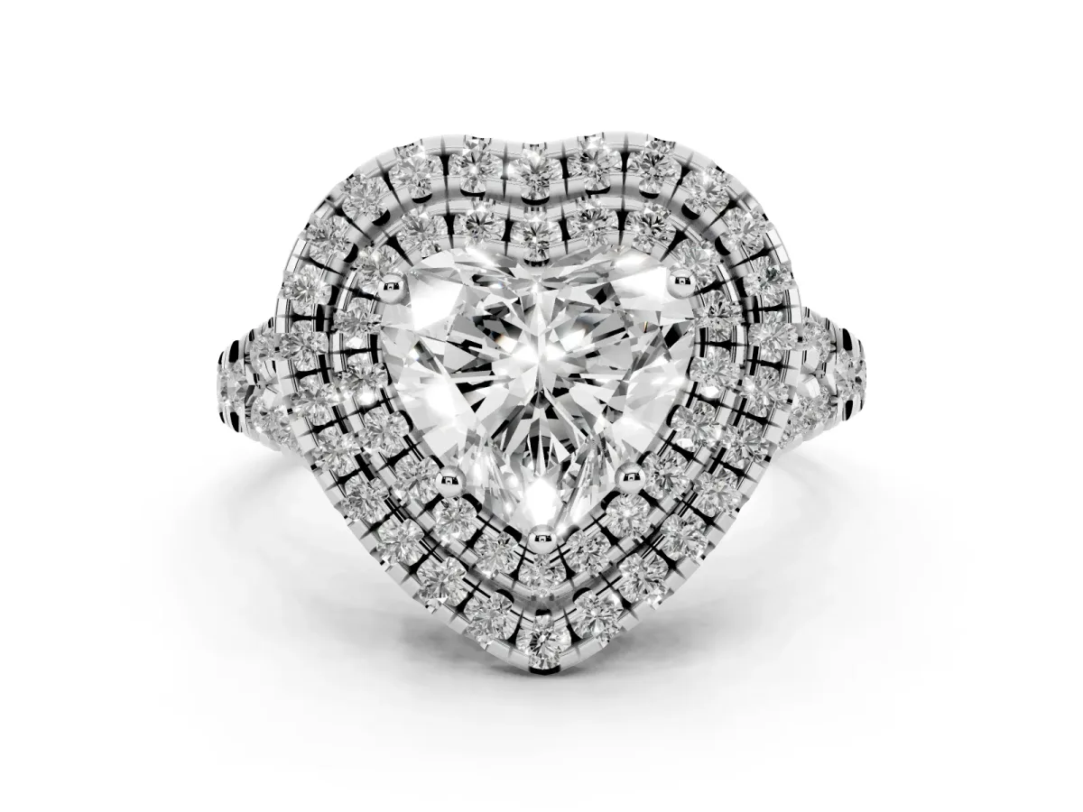 Double Halo Heart Cut Diamond Pavé Split Shank Ring with Prong Setting Silver