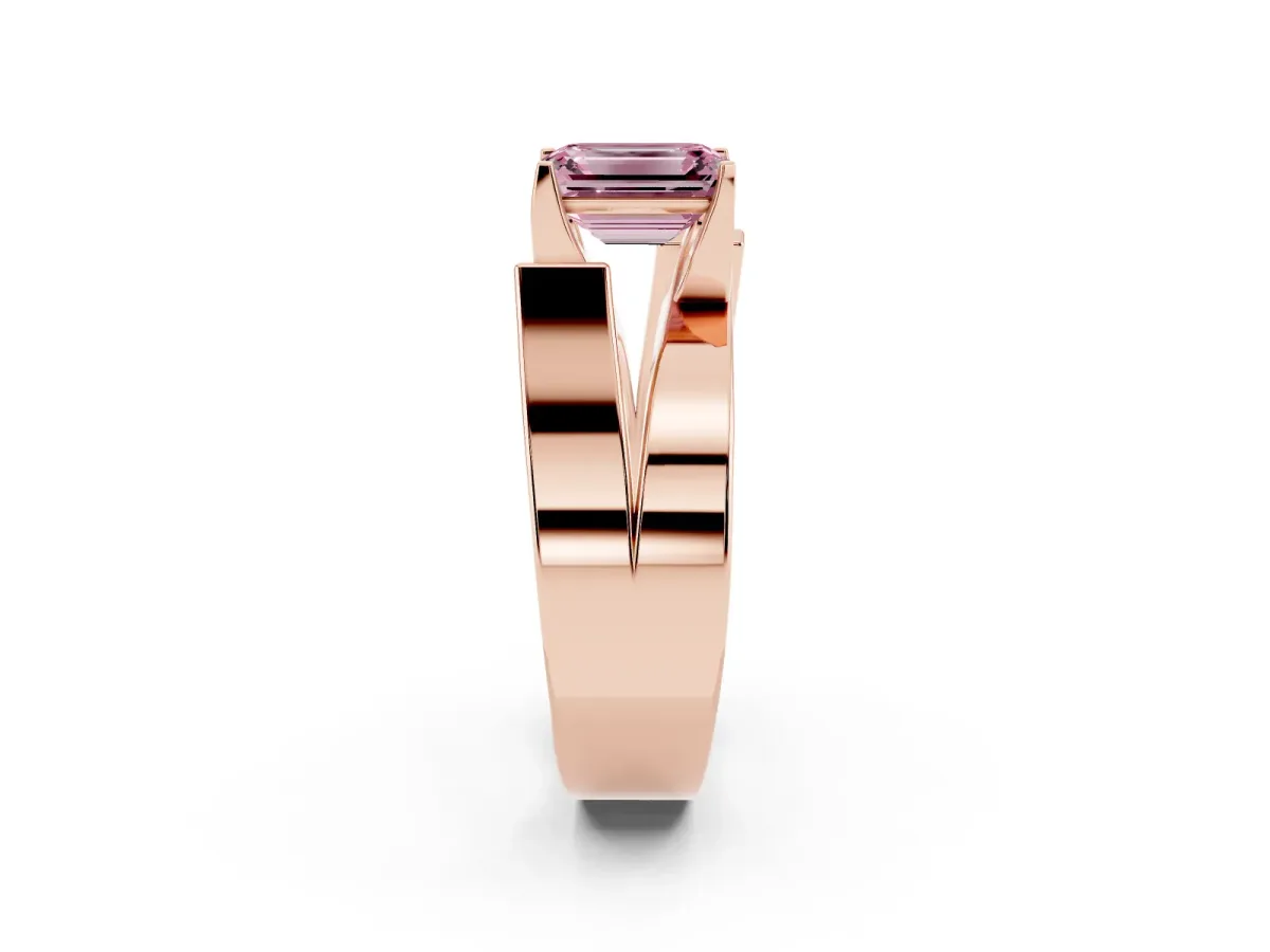 Fancy Pink Modern Tension Set Emerald Cut Diamond Solitaire Wide Band Ring Rose gold