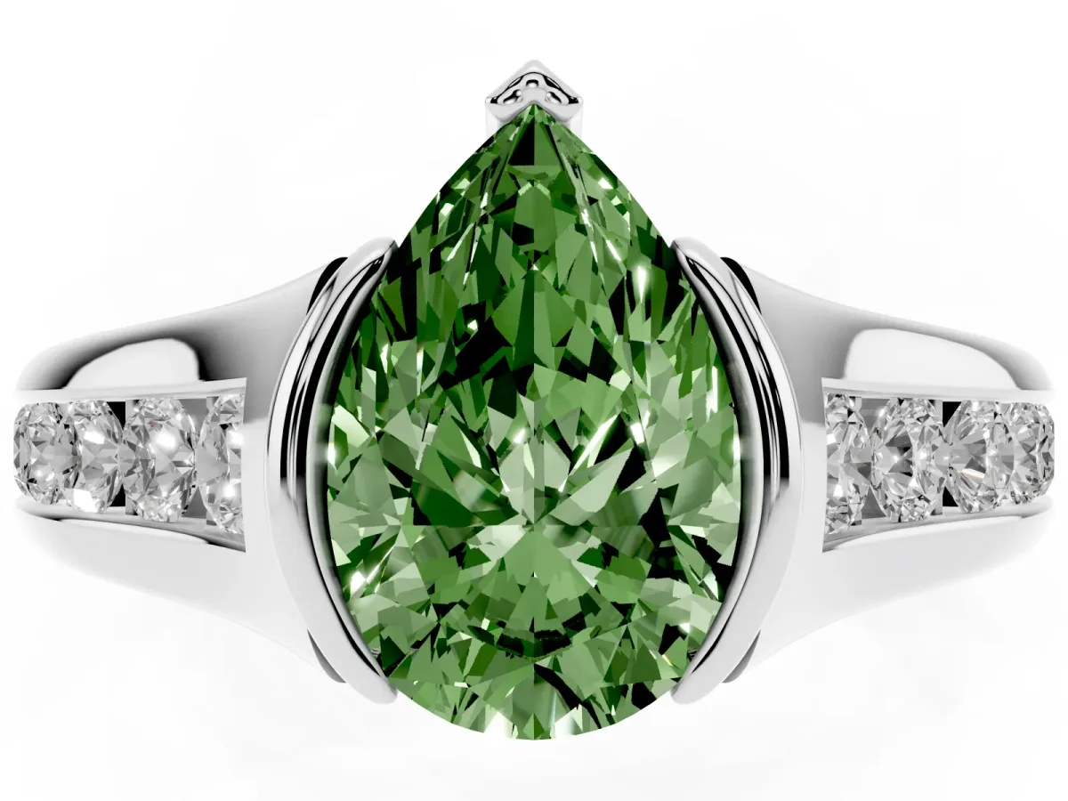 Fancy Green Pear Cut Solitaire Bezel-Set Diamond Ring with Channel-Set Band Silver