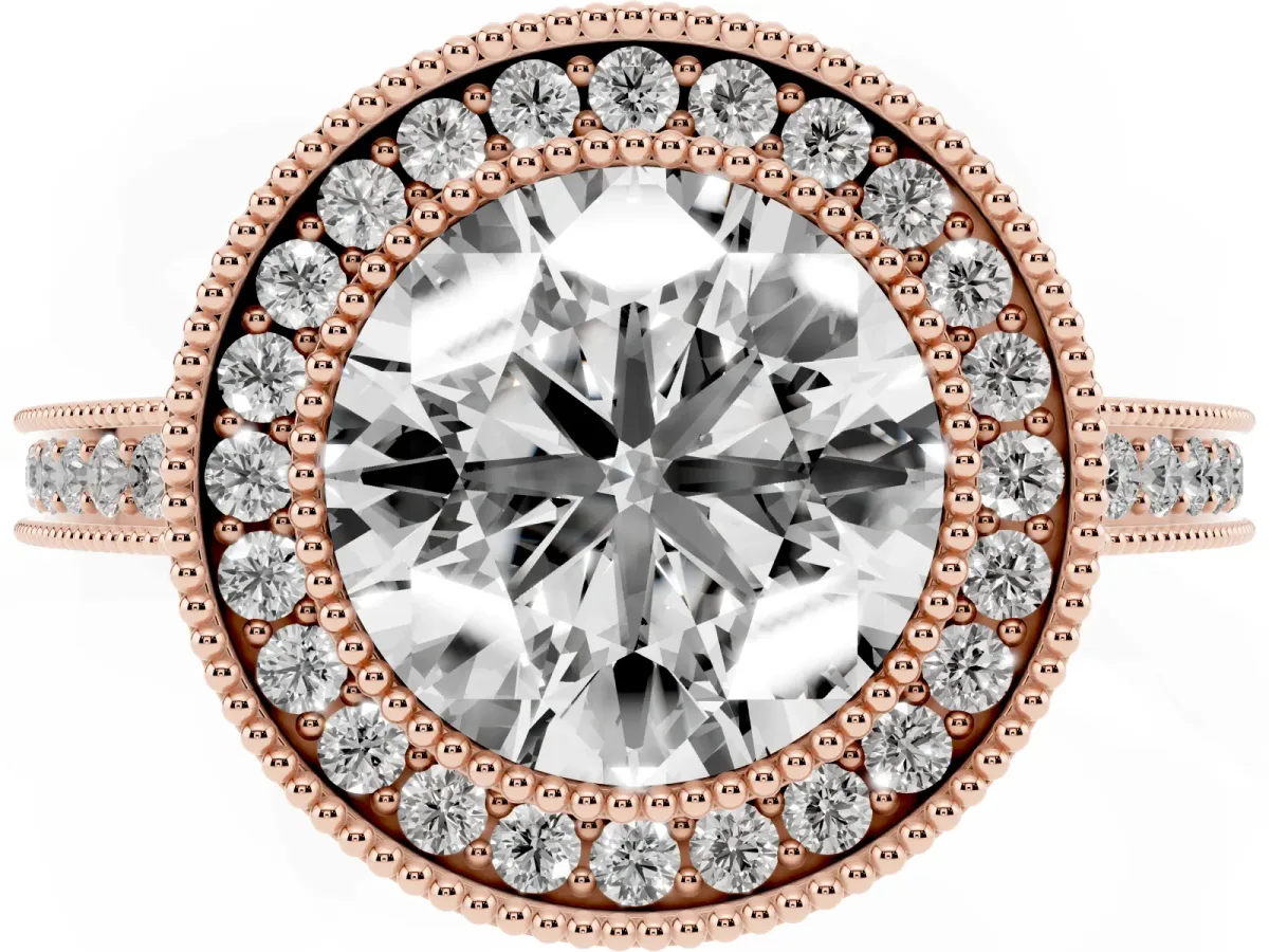 Round Cut Cut Halo Diamond Ring with Pavé Band and Milgrain Prong Setting Rose gold