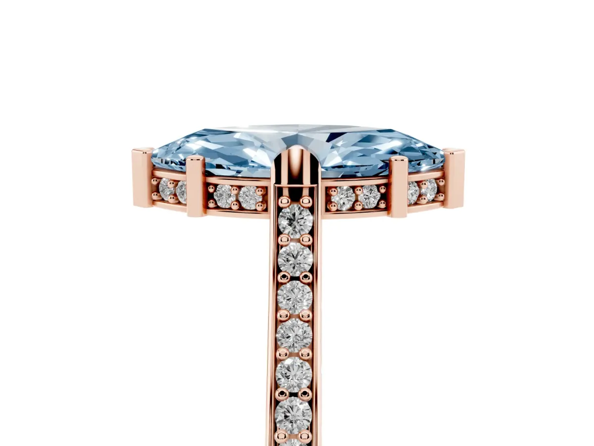 Fancy Blue Marquise Cut Solitaire Diamond Ring with Channel Set Band and Bezel Prong Setting Rose gold