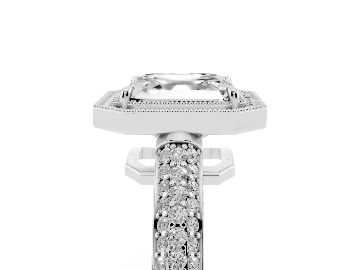 Asscher Cut Cut Halo Diamond Pave Band with Four-Prong Setting White gold