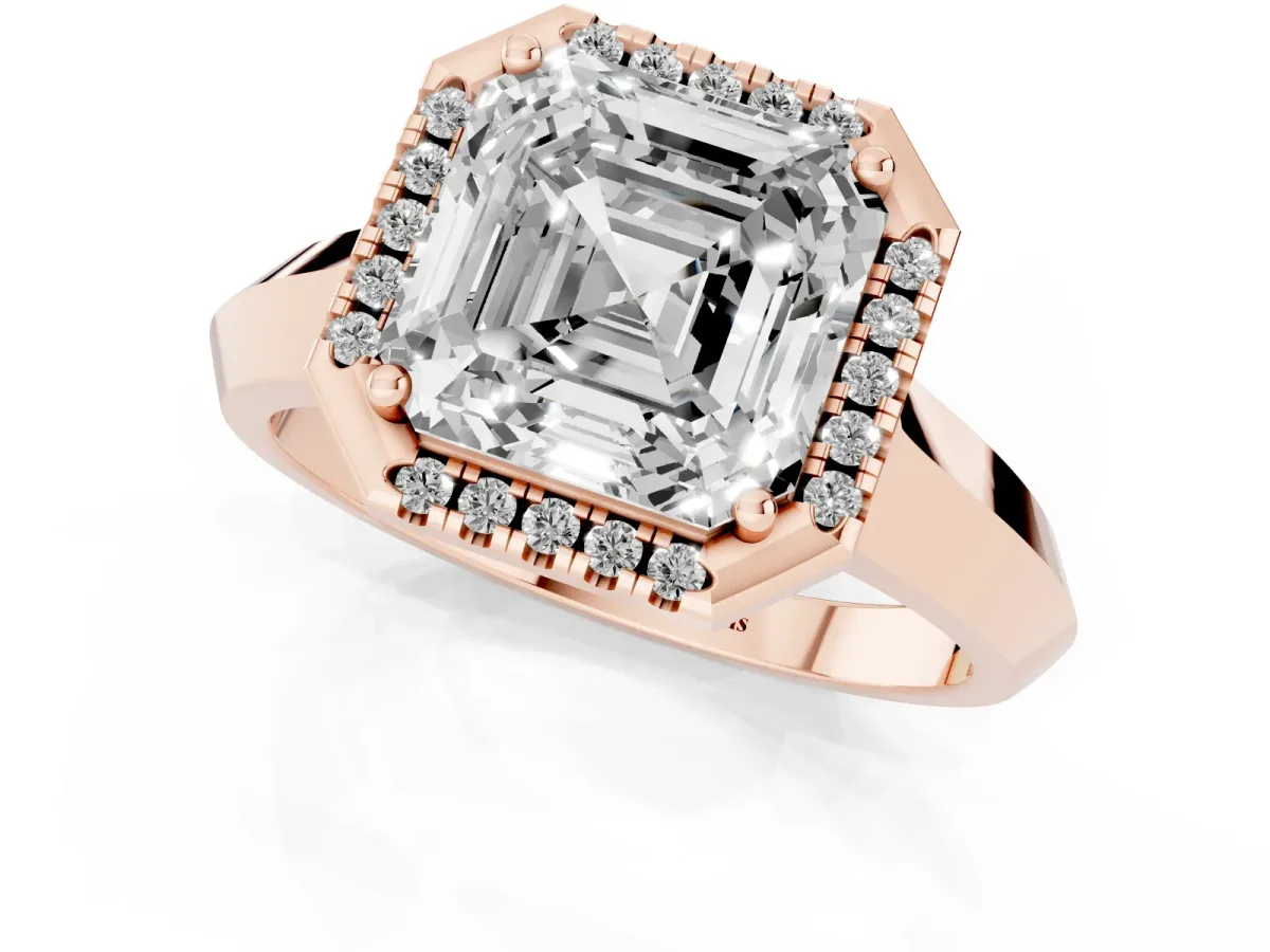 Asscher Cut Halo Diamond Ring with Cathedral Band and Four-Prong Setting Rose gold