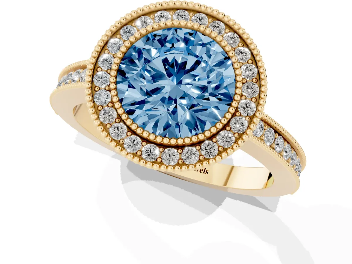 Fancy Blue Round Cut Cut Halo Diamond Ring with Pavé Band and Milgrain Prong Setting Yellow gold