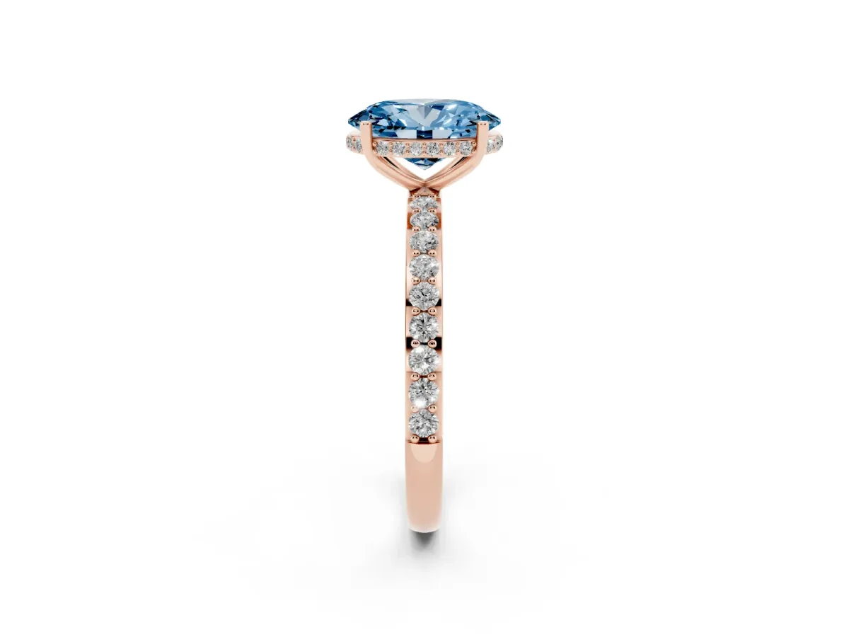 Fancy Blue Oval Cut Diamond Solitaire Ring with Pavé Band and Hidden Halo Rose gold