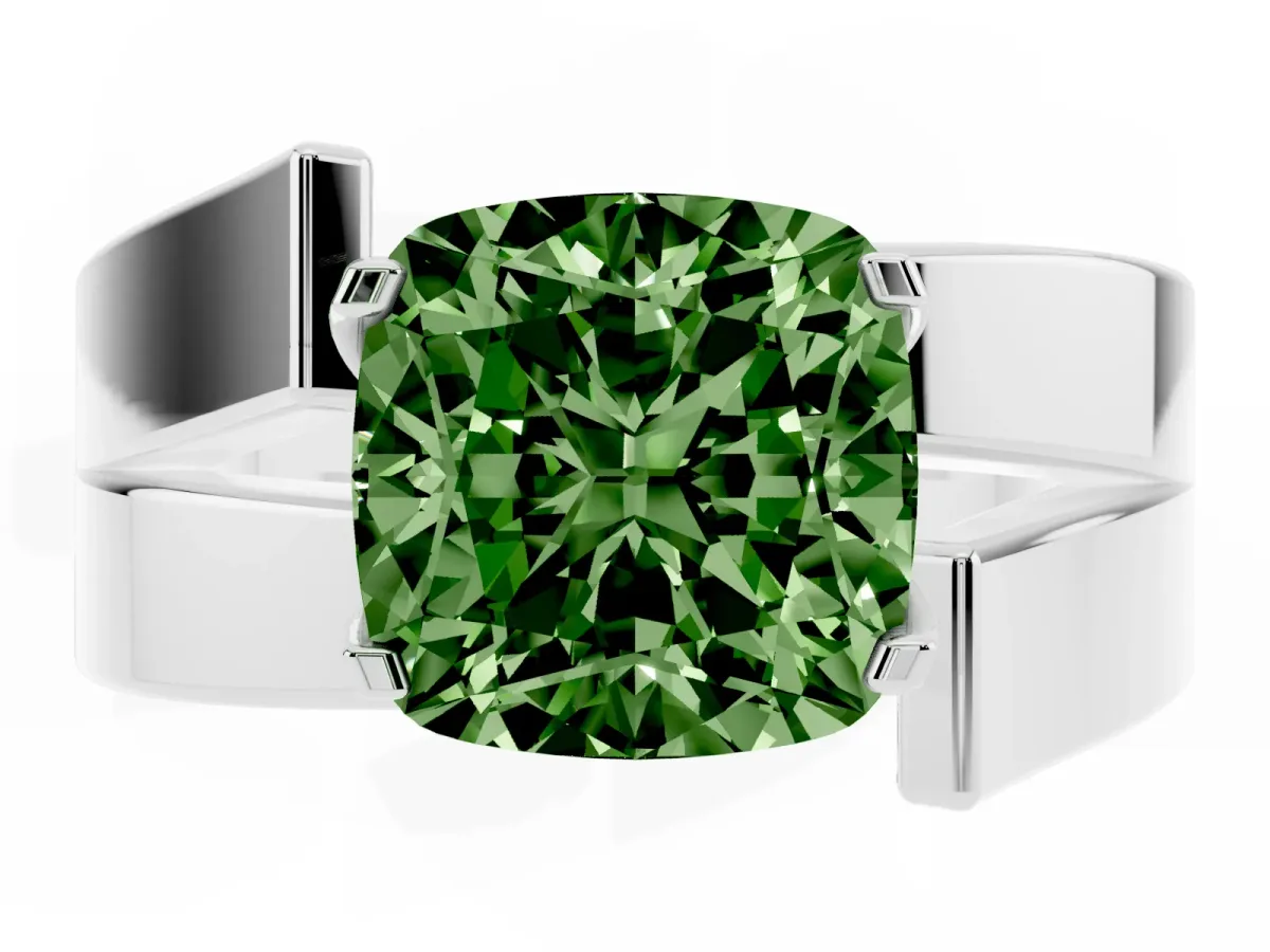 Fancy Green Modern Tension Set Cushion Cut Diamond Solitaire Wide Band Ring Silver
