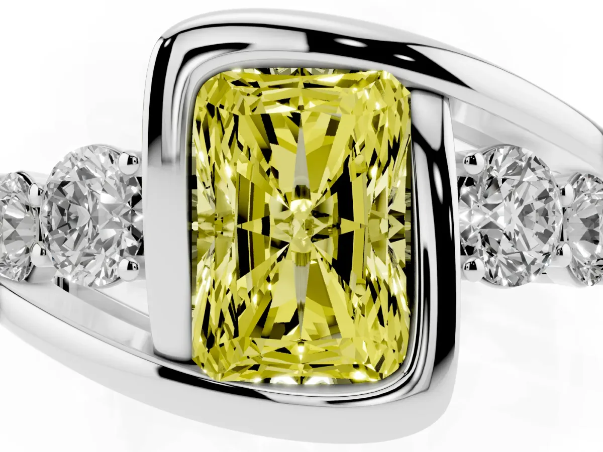 Fancy Yellow Bezel Set Radiant Cut Diamond Bypass Ring with Round Accents Silver
