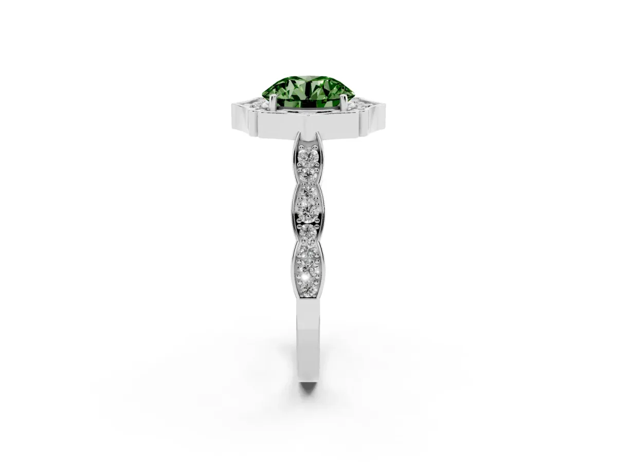Fancy Green Round Cut Halo Diamond Engagement Ring with Milgrain Band and Four-Prong Setting White gold