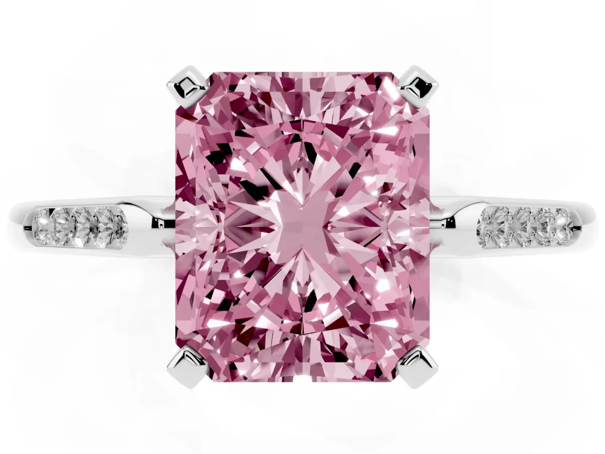 Fancy Pink Radiant Cut Diamond Solitaire Ring with Channel Set Round Band and Prong Setting Silver