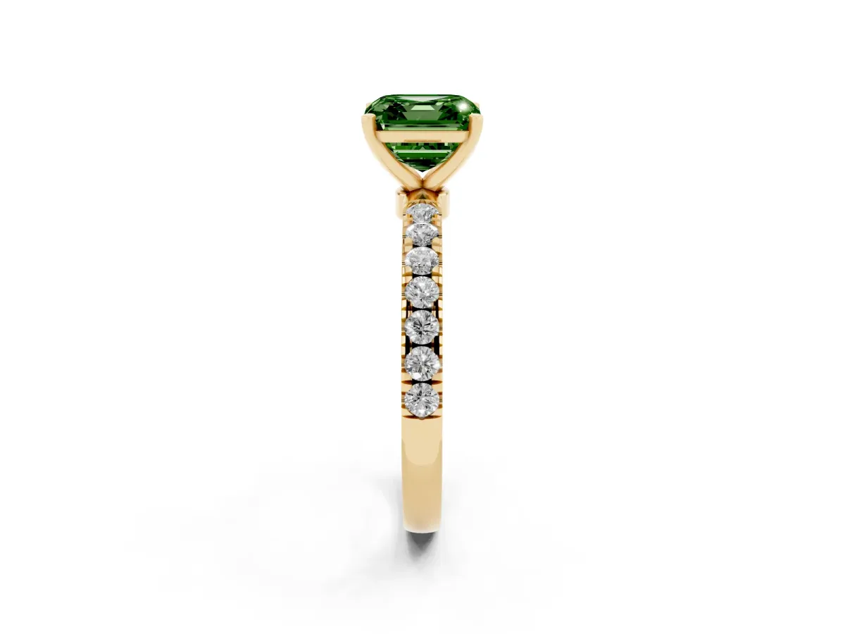 Fancy Green Asscher Cut Diamond Solitaire Ring with Pavé Accents and Four-Prong Setting Yellow gold