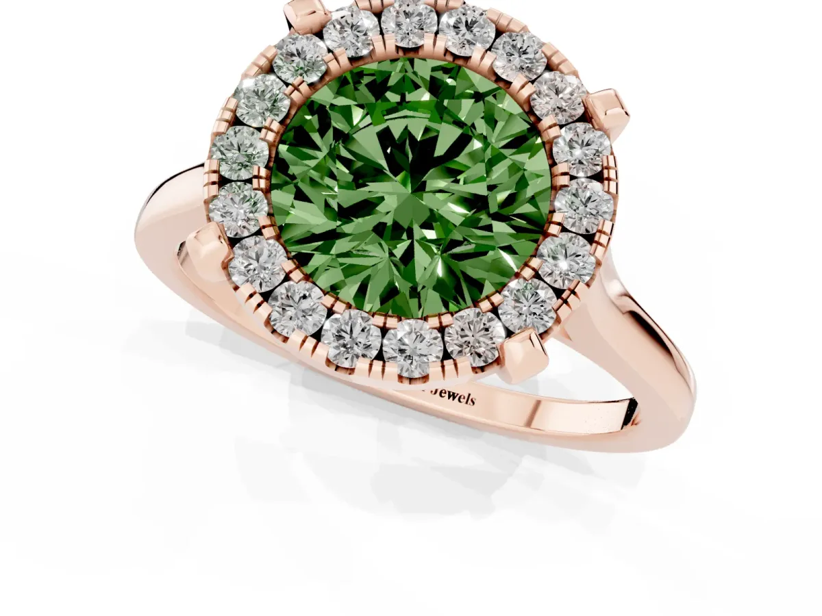 Fancy Green Round Cut Diamond Cluster Halo Solitaire with Four-Prong Setting Rose gold