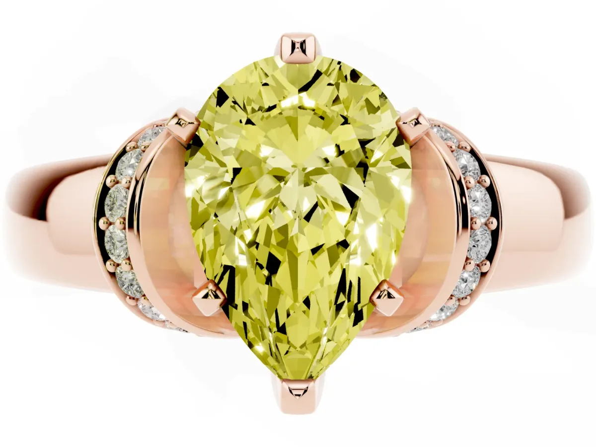 Fancy Yellow Pear Cut Solitaire Diamond Ring with Pave Band and Six-Prong Setting Rose gold