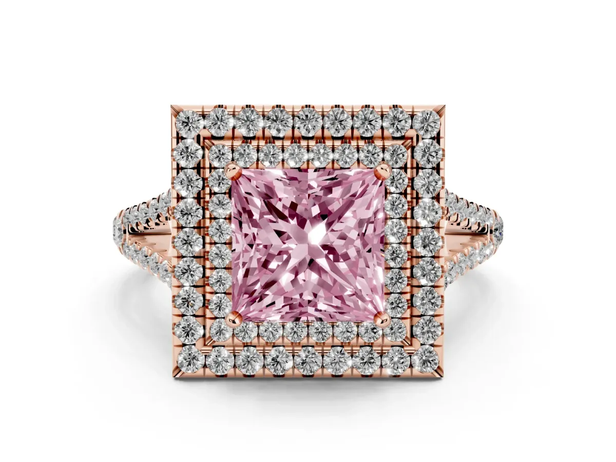 Fancy Pink Princess Cut Diamond Double Halo Ring with Pavé Band and Prong Setting Rose gold