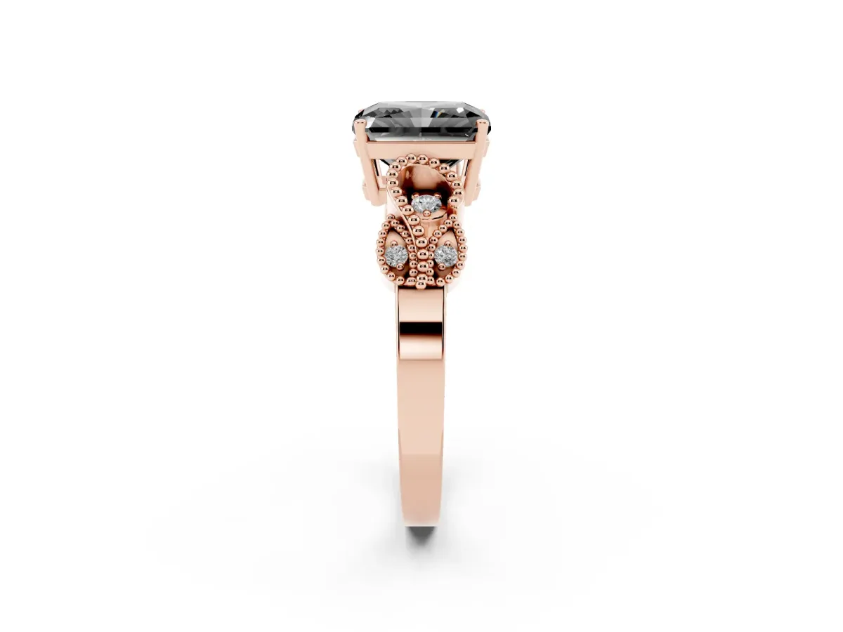 Fancy Black Princess Cut Solitaire Milgrain Leaf Band with Prong Setting Rose gold