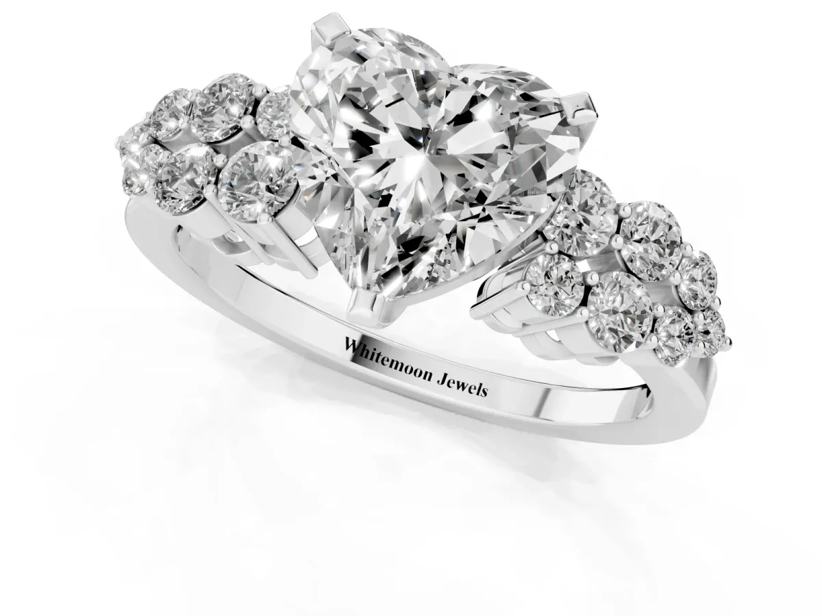 Heart Cut Cluster Diamond Engagement Ring with Pavé Band and Four-Prong Setting Silver