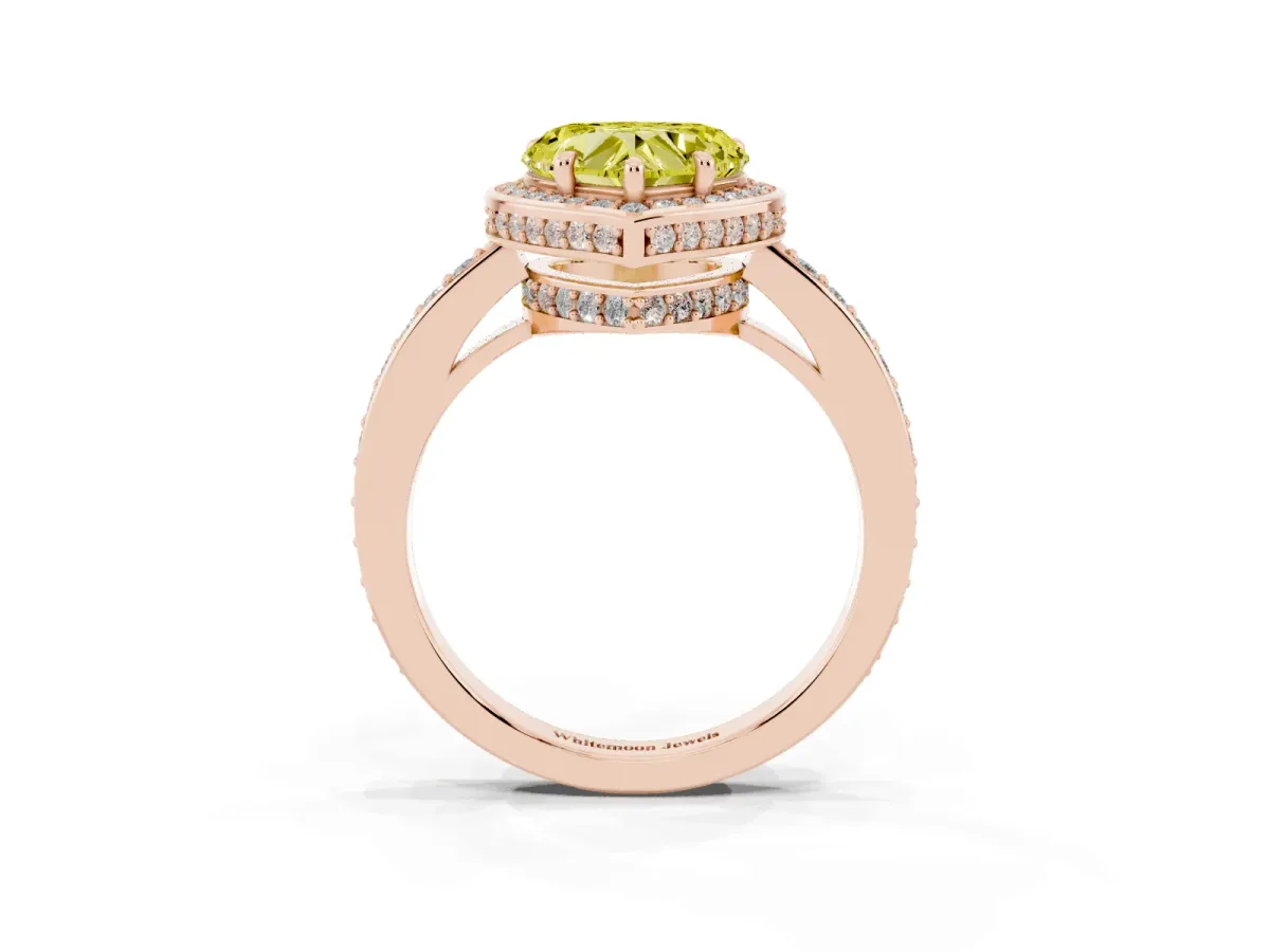 Fancy Yellow Heart Cut Halo Pave Band Solitaire Ring with Prong Setting Rose gold