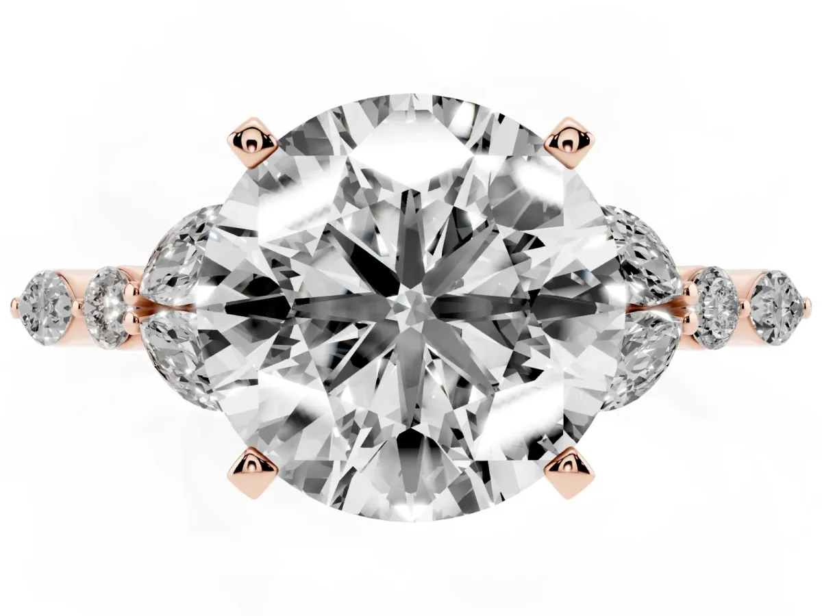 Round Cut Diamond Solitaire Ring with Side Stones and Four-Prong Setting Rose gold