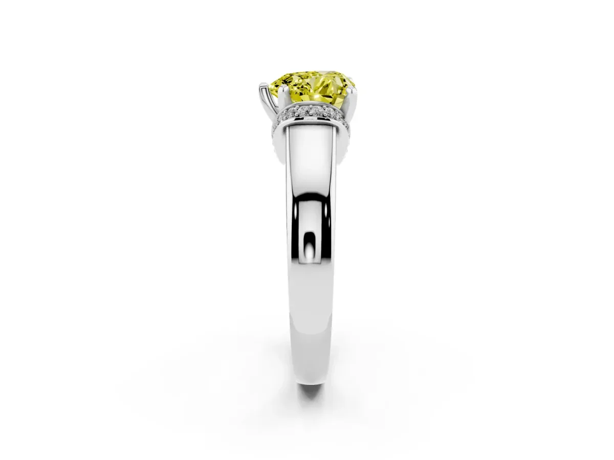 Fancy Yellow Heart Cut Solitaire Diamond Ring with Pave Band and Six-Prong Setting Platinum