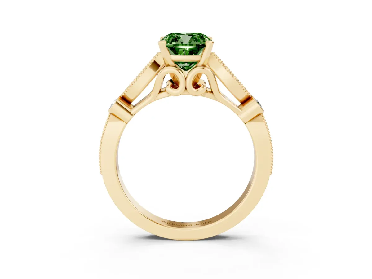 Fancy Green Cushion Cut Cut Diamond with Milgrain Marquise and Bezel Accents on a Solitaire Band with Prong Setting Yellow gold