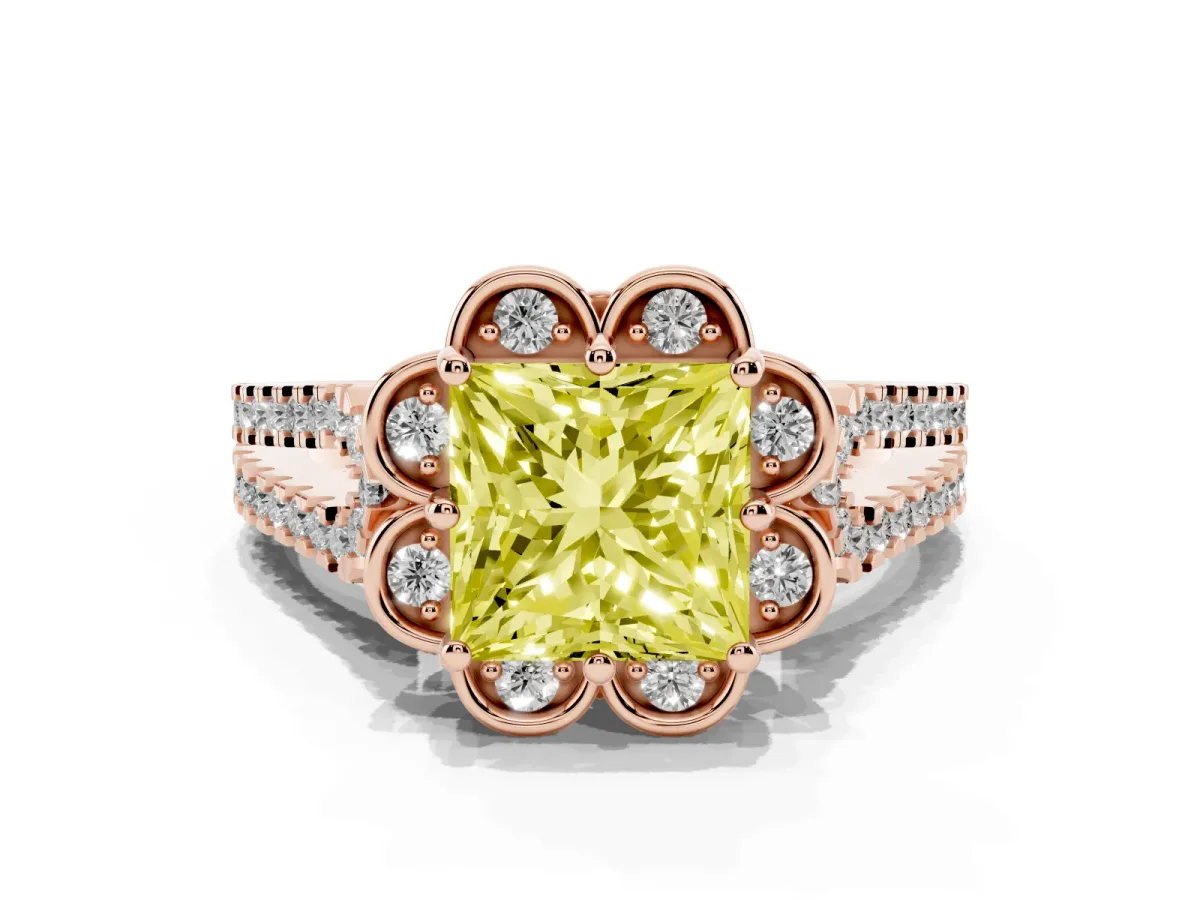 Fancy Yellow Princess Cut Halo Diamond Floral Split Shank Engagement Ring Rose gold