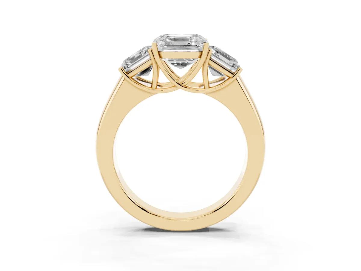 Three-Stone Asscher Cut Cut Diamond Ring with Prong Setting and Classic Band Yellow gold