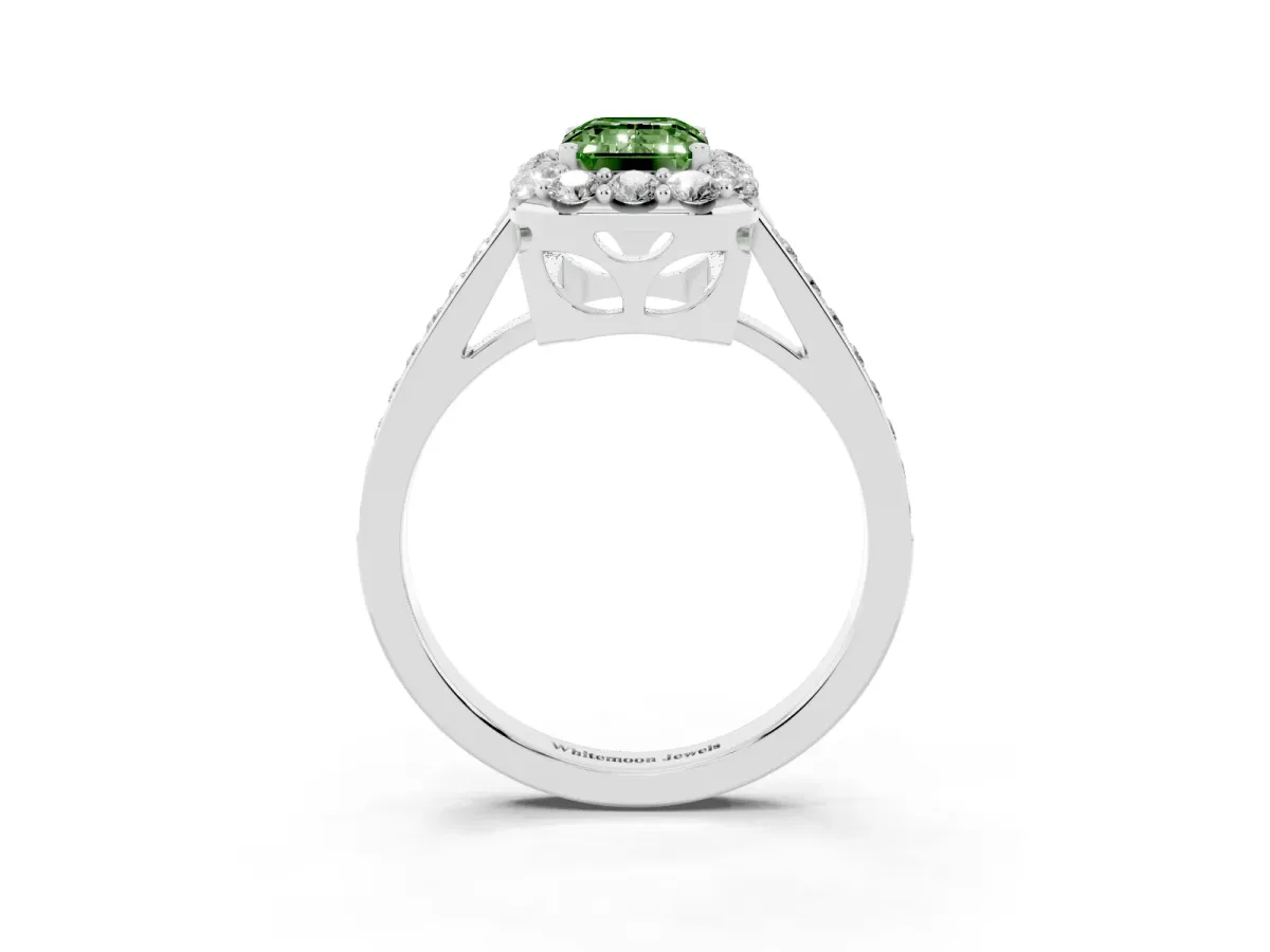 Fancy Green Emerald Cut Diamond Floral Halo Ring with Pavé Band and Prong Setting White gold