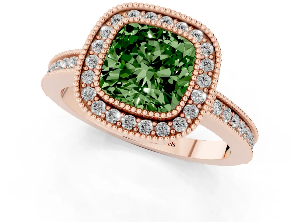 Fancy Green Cushion Cut Cut Halo Diamond Ring with Pavé Band and Milgrain Prong Setting Rose gold