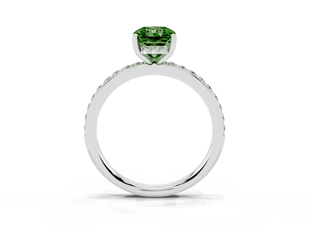 Fancy Green Radiant Cut Cut Diamond Pavé Band Ring with Four-Prong Setting Silver