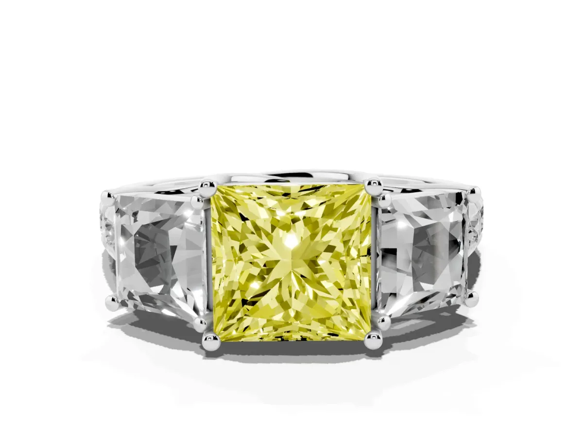 Fancy Yellow Three-Stone Princess Cut Diamond Pavé Band with Prong Setting Silver