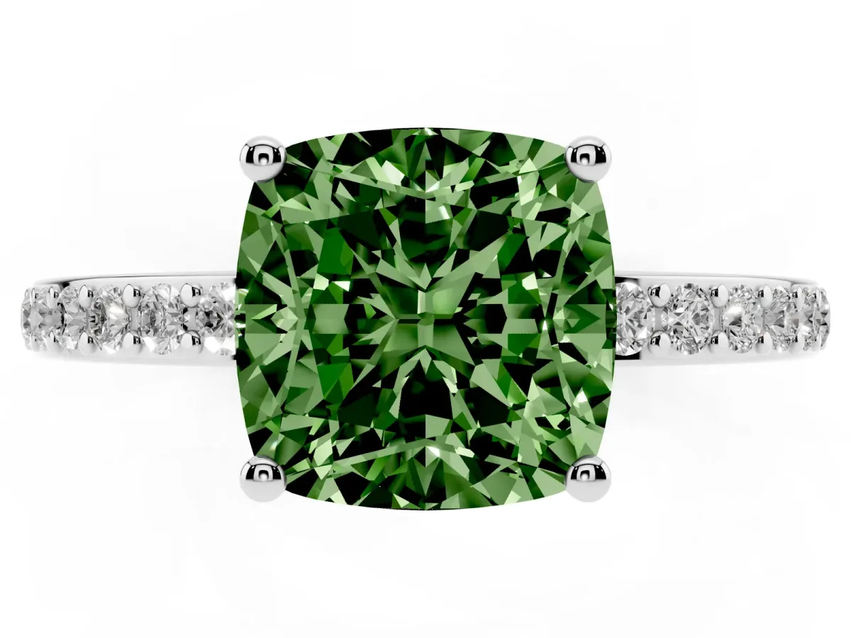 Fancy Green Cushion Cut Cut Diamond Pavé Band Ring with Four-Prong Setting Silver