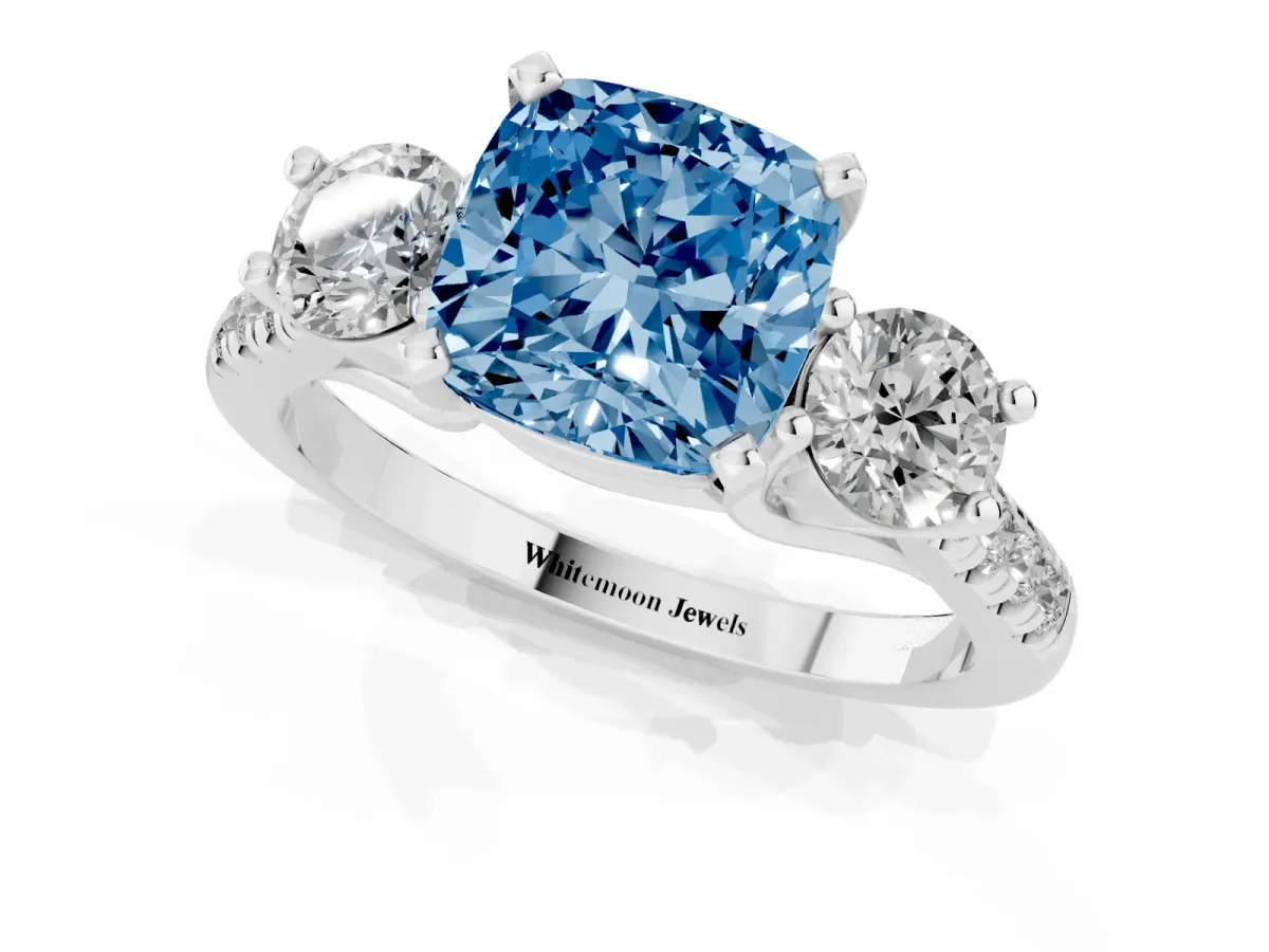 Fancy Blue Three-Stone Cushion Cut Diamond Pavé Band with Four-Prong Setting Silver