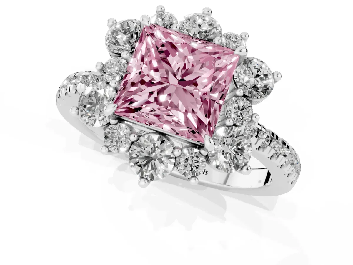 Fancy Pink Princess Cut Diamond Floral Halo Ring with Round Pavé Band and Prong Setting Silver