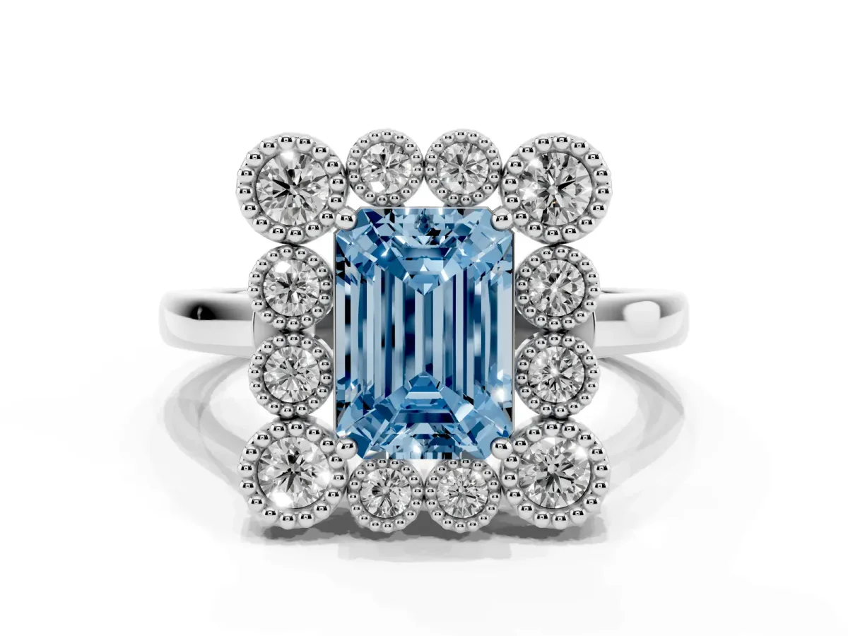 Fancy Blue Emerald Cut Halo Diamond Cluster Engagement Ring with Milgrain Bezel Setting and Solitaire Band Platinum