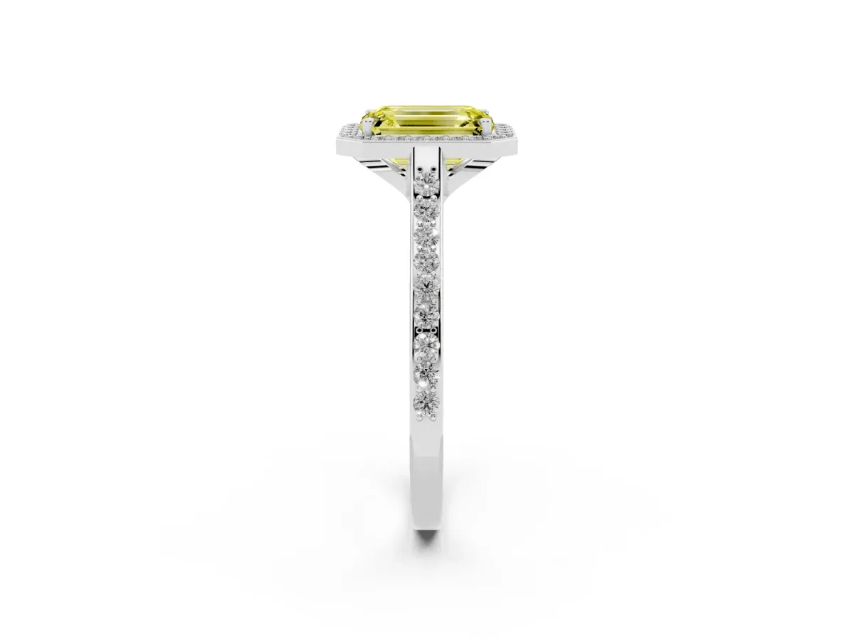 Fancy Yellow Emerald Cut Diamond Halo Engagement Ring with Round Pavé Shoulders and Prong Setting White gold