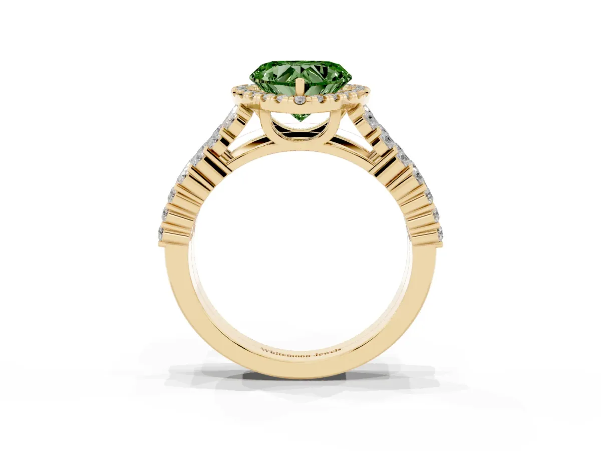 Fancy Green Heart Cut Diamond Halo Engagement Ring with Triple Row Round Pavé Band and Prong Setting Yellow gold