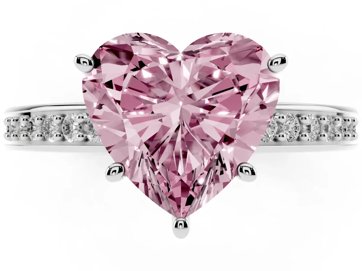 Fancy Pink Heart Cut Solitaire Pavé Band Prong Setting Ring Platinum