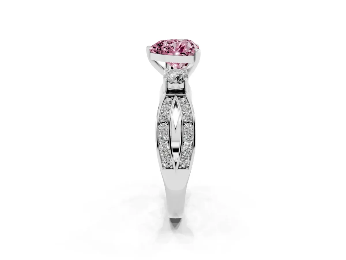 Fancy Pink Three-Stone Heart Cut Cut Diamond Twist Band with Prong Setting Silver